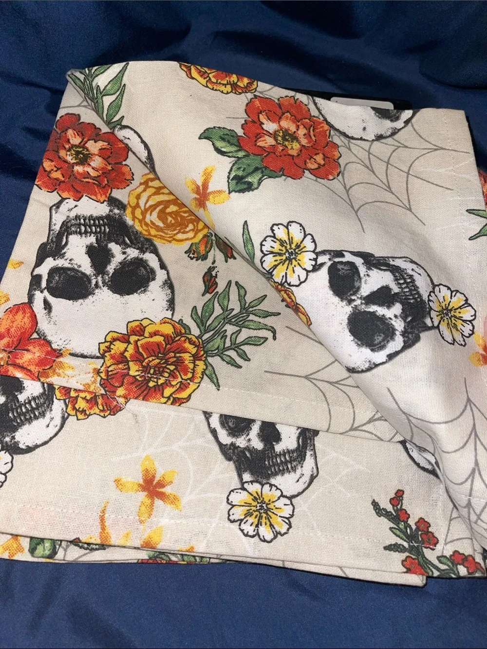 Cynthia Rowley Set of 6 Cream Napkins with Black Skulls and Orange Floral Print